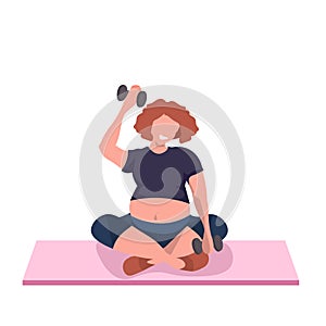 Fat obese woman doing exercises with dumbbell overweight girl training aerobic workout sitting lotus pose on mat weight