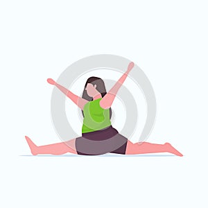 Fat obese woman doing stretching exercises girl training workout weight loss concept flat full length white background