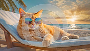 Fat orange cat wearing sunglasses laying on a sunbed at the beach. Ginger tomcat boss summer holiday resting seaside on a tropical