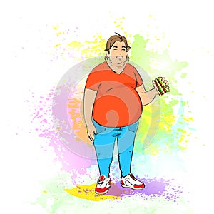 Fat overweight man eat burger, junk fast food