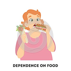 Fat overweight woman eating junk food illustration