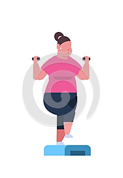 Fat overweight woman holding dumbbells doing squats on step platform obese girl training in gym workout weight loss