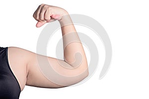 Fat overweight woman, Show big arms with fat accumulation, On white background., Need lose weight accelerate burn fat excess, Die