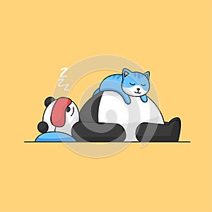 Fat panda lying sleeping with cute kitten cat on belly animal mascot cartoon activity vector illustration