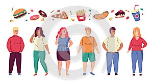 Fat people. Cartoon overweight men or women. Fast food and fatty nutrition leads to obesity. Unhealthy habits. Obese