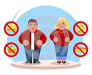 Fat people diet character beauty figure body lose overweight health refusal junk food flat cartoon design vector