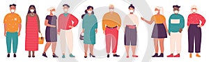 Fat people in medical masks set, group of overweight man and woman in casual clothes