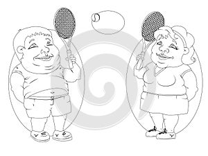 Fat people playing tennis. White and black picture