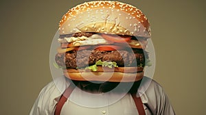 Fat person with hamburger head. Concept of fast food, unhealthy eating, appetite, surreal art, and humor