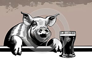 Fat pig with glass of beer at the bar counter