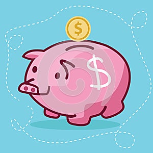 Fat piggy bank coin insert drawing flat fun illustration pig character