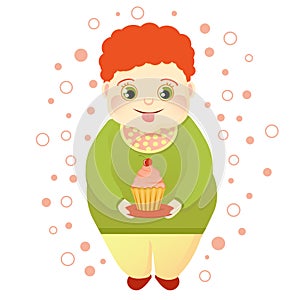 A fat red-haired boy holds a cake and licks himself. Cool sweetheart or lover of sweets. Cute Glutton