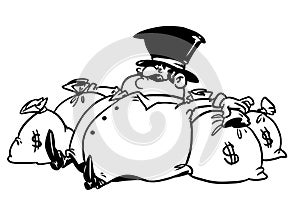 Fat rich man sitting hold bags of money stocks finance