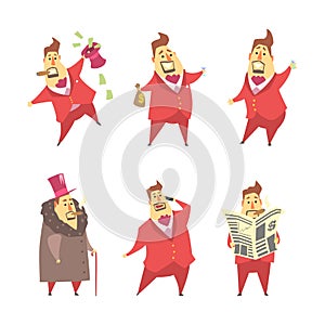 Fat Rich Millionaire Man in Red Suit with Money Sack, Smoking Cigar and Reading Newspaper Vector Set