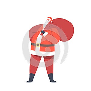 Fat Santa Claus Character in Red Traditional Costume Carry Gifts Sack Isolated on White Background. Winter Holidays