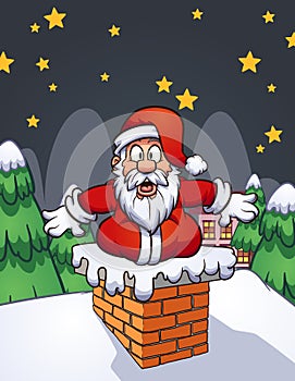 Fat shocked cartoon Santa Claus stock in chimney