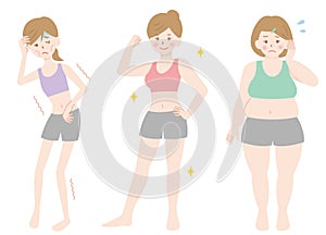 Fat, skinny and healthy women body illustration. Health and body care concept