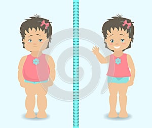 Fat and slim girl, weight loss concept. Vector illustration