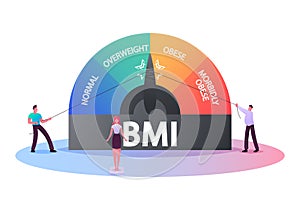 Fat and Slim People Obesity Weight Control, Body Mass Index Concept. Tiny Characters at Huge Scale with Obesity photo