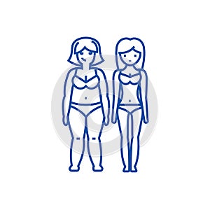 Fat and slim woman, before line icon concept. Fat and slim woman, before flat vector symbol, sign, outline illustration