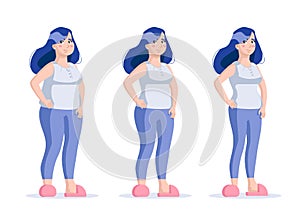 Fat Slim Woman Set. Before After Girl with Dumbbell Body Isolated White Background. Healthy, Unhealthy People Lifestyle. Obesity,