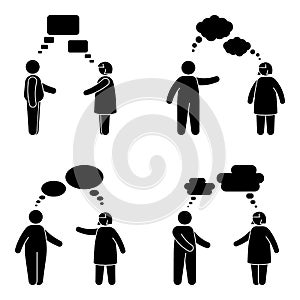 Fat stick figure man, woman speak bubble vector icon set. Obese male, female talking with voice, comment, message, dialog cloud