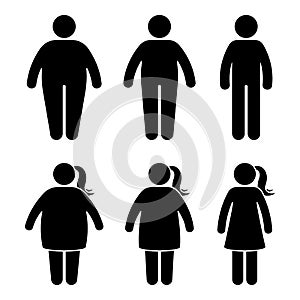 Fat stick figure vector icon set. Obese people couple black and white flat style pictogram