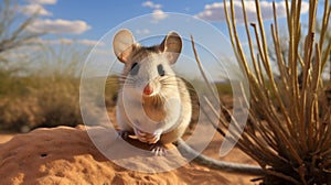 Fat tailed dunnart with head turned straight on in desert