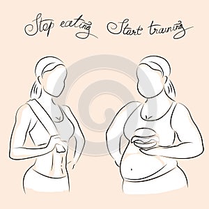 Fat and thin silhouettes of female figures. Thin woman after fit
