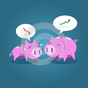 Fat and tiny piggy bank talking about financial situation