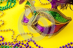 Fat Tuesday traditional accessory and Mardi Gras carnival concept theme with close up on a face mask full of color, feathers and