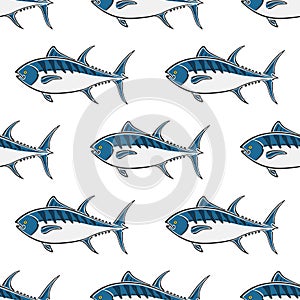 Fat tuna character abstract hand drawn vector seamless pattern. Simplified color illustration. Ocean and sea animal