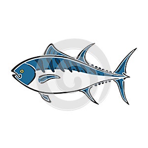 Fat tuna character abstract ink hand drawn vector logo cartoon. Simplified color illustration. Ocean and sea animal