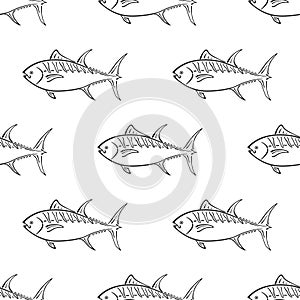 Fat tuna character abstract ink hand drawn vector seamless pattern. Simplified retro illustration. Ocean, sea animal
