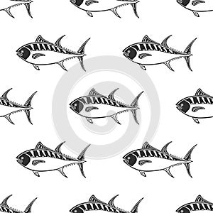 Fat tuna character abstract ink hand drawn vector seamless pattern. Simplified retro illustration. Ocean, sea animal