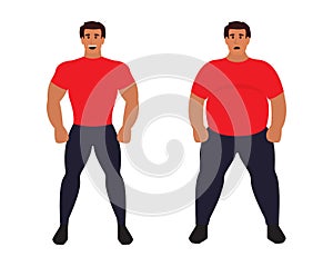 Fat vs slim man. Healthy Sport athletic body comparing to unhealthy. Flat vector illustration