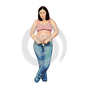 Fat woman with big belly trying to wear