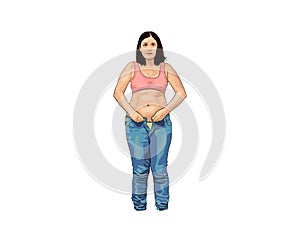 Fat woman with big belly trying to wear