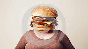 Fat woman with burger head. Concept of fast food, unhealthy eating, appetite, surreal art, and humor. Light background