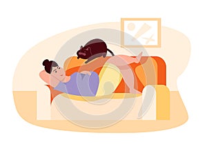 Fat woman with cat lying on sofa. Obesity. Unhealthy lifestyle. Vector flat color illustration. Concept for overweight