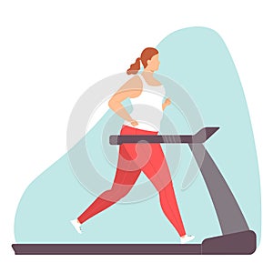 Fat woman doing cardio exercise on a treadmill. Gym. Weight loss. Healthy lifestyle. Vector illustration in hand drawn flat style