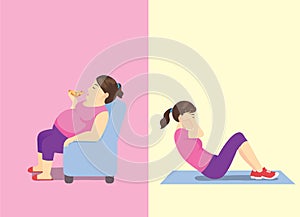 Fat woman eating fast food on sofa but slim woman doing sit up workout.