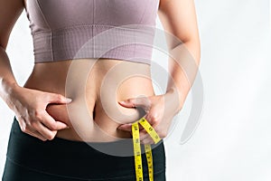 Fat woman, fat belly, chubby, obese woman hand holding excessive belly fat with measure tape, woman diet lifestyle concept