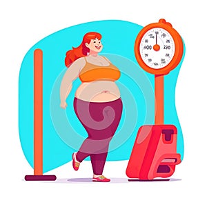 Fat woman fatness to loss weight, overweight cartoon style at gym photo