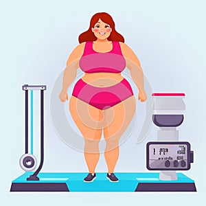 Fat woman fatness to loss weight, overweight cartoon style at gym photo