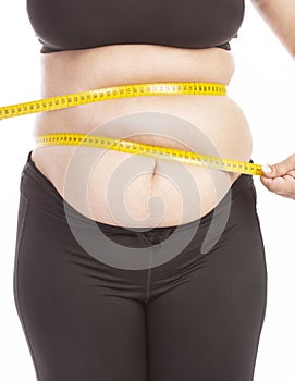 A fat woman grabs her belly with her hands, close-up