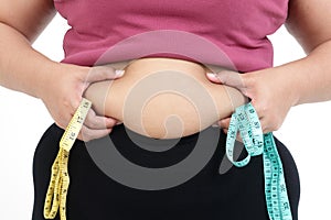 A fat woman grasped her stomach and held the waist tape in her hand.