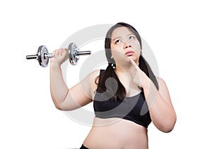 Fat woman hand lift dumbbell weight loss doubt face thinking about how to exercise