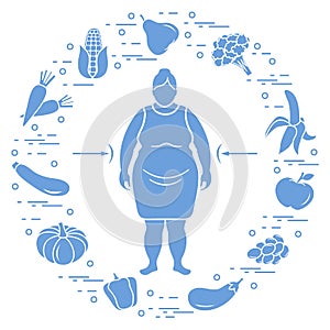 Fat woman with healthy food around her. Healthy eating habits. Design for banner and print