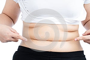 Fat woman holding excessive fat belly, overweight fatty belly isolated on over white background. Diet lifestyle, weight loss,